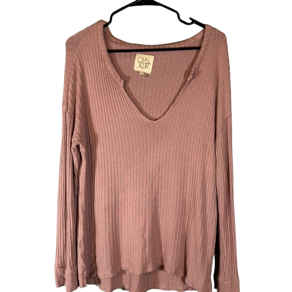 Chaser Dusty Rose V-Neck Long Sleeve Waffle Knit Pullover Blouse Women Sz M